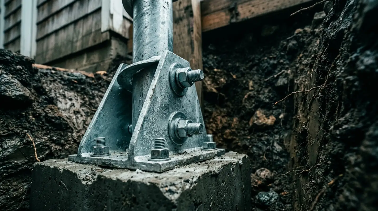 A newly installed galvanized steel foundation pier bracket bolted to a concrete footing in an excavated trench beside a home